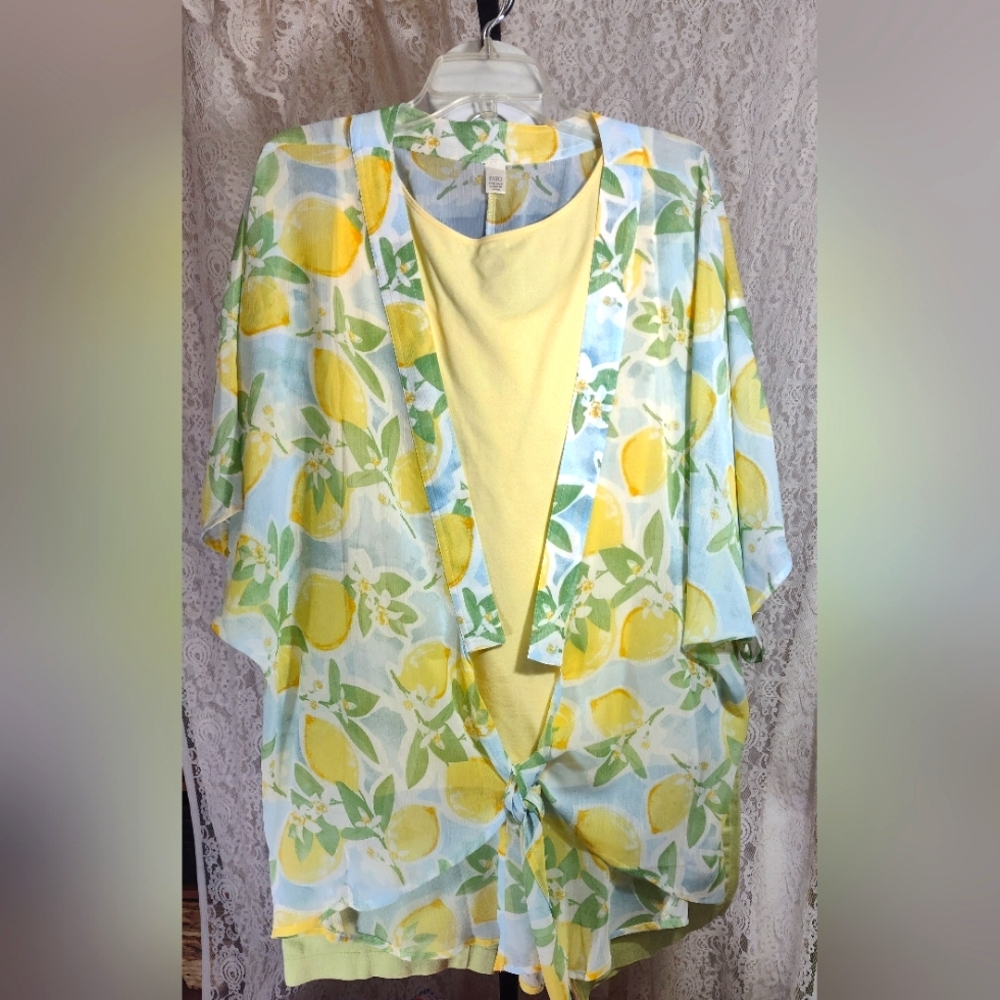 Lemon Print Kimono Top Set Yellow Green NWT TO